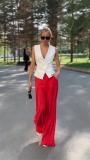 Fashion deep V sleeveless top high waist wide leg pants two piece set