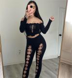 Autumn solid color off-shoulder long sleeves crop top and leggings set
