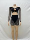 Double-layered off-shoulder long-sleeved crop top high-waisted slim shorts set