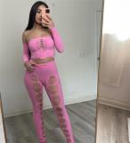 Autumn solid color off-shoulder long sleeves crop top and leggings set