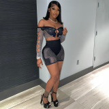 Double-layered off-shoulder long-sleeved crop top high-waisted slim shorts set