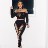 Autumn solid color off-shoulder long sleeves crop top and leggings set