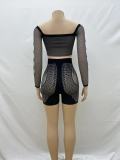 Double-layered off-shoulder long-sleeved crop top high-waisted slim shorts set