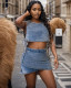 Sexy denim women's vest skirt elastic two-piece set