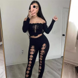 Autumn solid color off-shoulder long sleeves crop top and leggings set