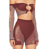 Double-layered off-shoulder long-sleeved crop top high-waisted slim shorts set