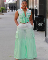 Multi-pocket gradient color wide leg pants two piece suit
