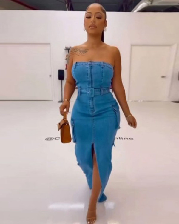 Sexy Strapless Slit Long Denim Dress