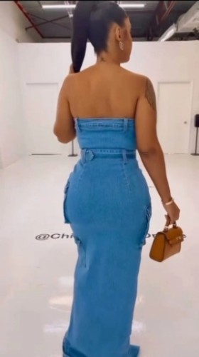 Sexy Strapless Slit Long Denim Dress