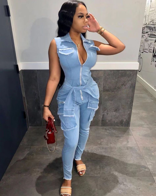 Summer Fashion Women's Pocket Cargo Denim Jumpsuit