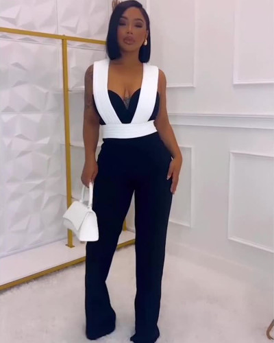 Sexy Color Block Stretch Wide-Leg Zipper Jumpsuit