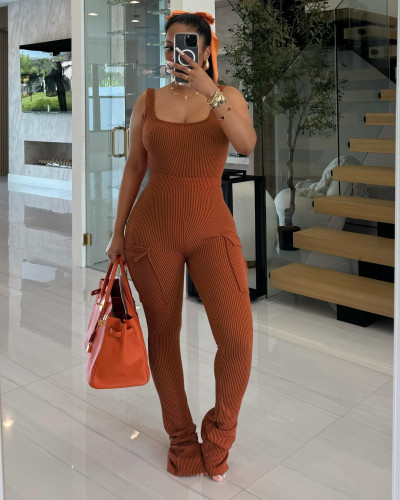 Fashion solid color ribbed vest trousers casual two-piece suit