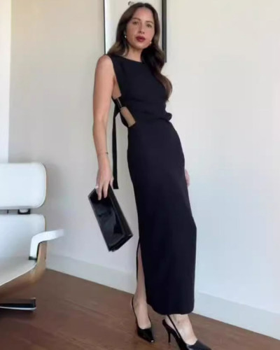 Black round neck sexy high slit long dress