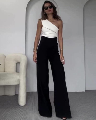 Fashion solid color oblique collar slim fit top high waist wide leg pants suit