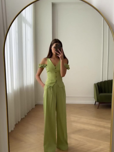 Commuting high waist solid color short sleeve casual two piece suit for women