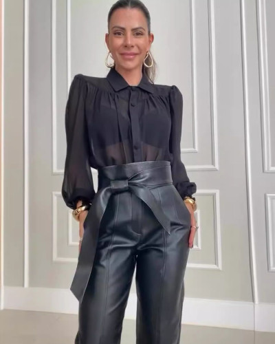 Pure color transparent sexy mesh blouse leather pants suit
