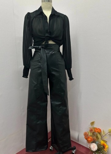Pure color transparent sexy mesh blouse leather pants suit