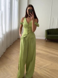 Commuting high waist solid color short sleeve casual two piece suit for women