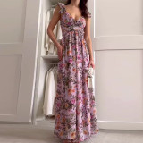 Fashion Printed V-Neck High Waist Slim Maxi Dress