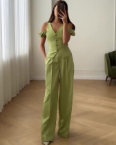 Commuting high waist solid color short sleeve casual two piece suit for women