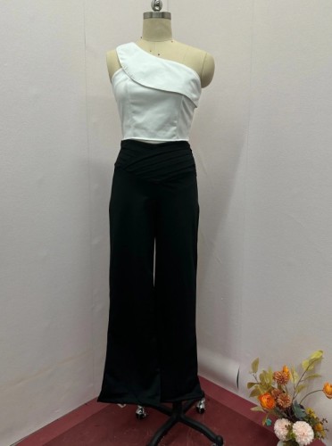 Fashion solid color oblique collar slim fit top high waist wide leg pants suit