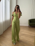 Commuting high waist solid color short sleeve casual two piece suit for women
