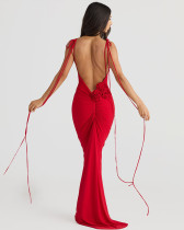 Fashion solid color sexy backless pleated long party evening dress