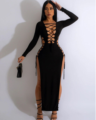 Autumn sexy lace-up side slit solid color long party dress