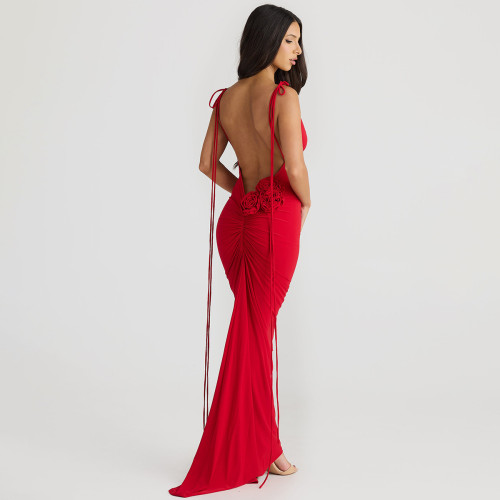 Fashion solid color sexy backless pleated long party evening dress