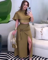 Fashion solid color shawl collar sexy high slit skirt suit