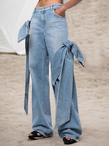 Fashion distressed stitching bowknot wide-leg high-waist jeans