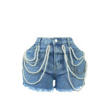 Fashion Pearl Rhinestone Casual Denim Shorts