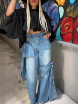 Fashion distressed stitching bowknot wide-leg high-waist jeans