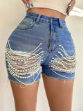 Fashion Pearl Ripped High Waisted Denim Shorts 