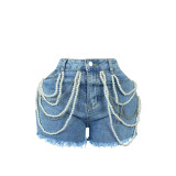 Fashion Pearl Rhinestone Casual Denim Shorts