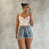 Fashion Pearl Rhinestone Casual Denim Shorts