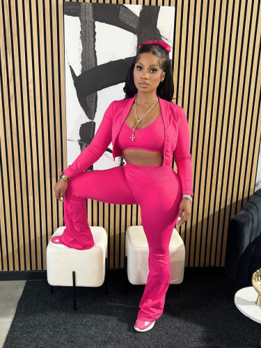 Basic solid color short top high waist slightly flared sports casual three-piece suit