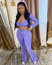 Basic solid color short top high waist slightly flared sports casual three-piece suit