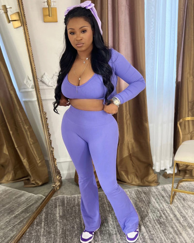 Basic solid color short top high waist slightly flared sports casual three-piece suit