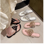 Leather flip flops rhinestones ladies flat slippers