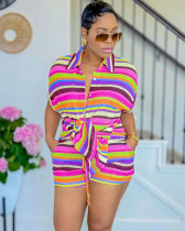 women striped two-piece casual shorts set