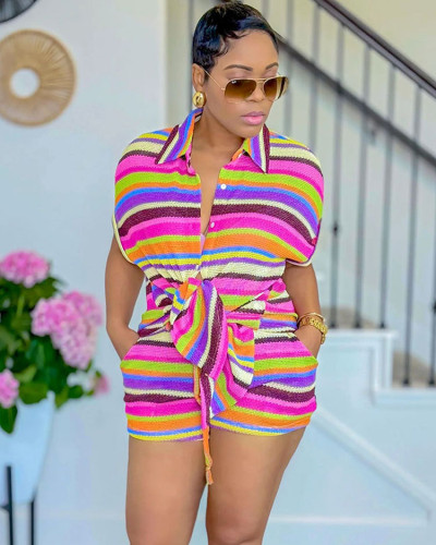 women striped two-piece casual shorts set