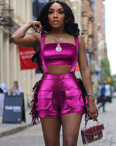 Sexy Metallic Bandeau Top Tassel Suspender Shorts Women's Two Piece Set