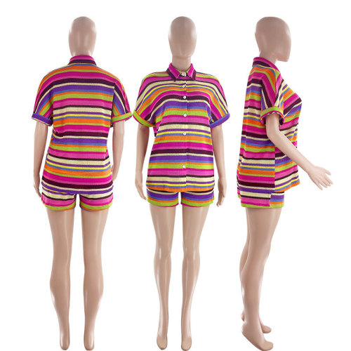women striped two-piece casual shorts set