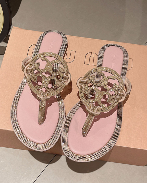 Leather flip flops rhinestones ladies flat slippers