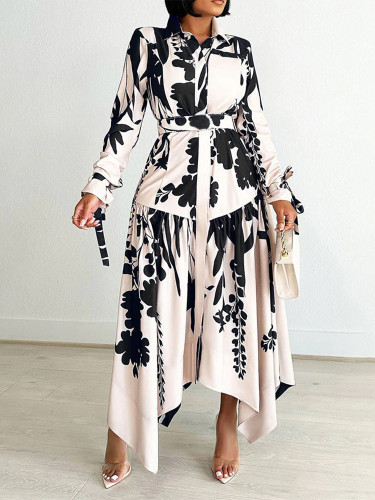 Fashion Printed Lapel Long Sleeve Irregular Printed Dress with Belt