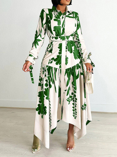 Fashion Printed Lapel Long Sleeve Irregular Printed Dress with Belt