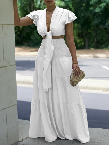 Short-sleeved tie top wide-leg pants plus size two-piece suit