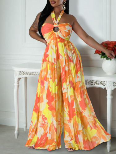 Sexy low back printed strappy wide-leg African jumpsuit