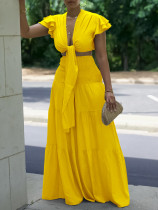 Short-sleeved tie top wide-leg pants plus size two-piece suit